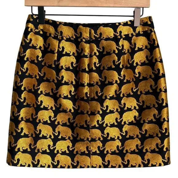 J.Crew Women’s 2 Mini Skirt Elephant Parade Origami Black Gold - Picture 3 of 8